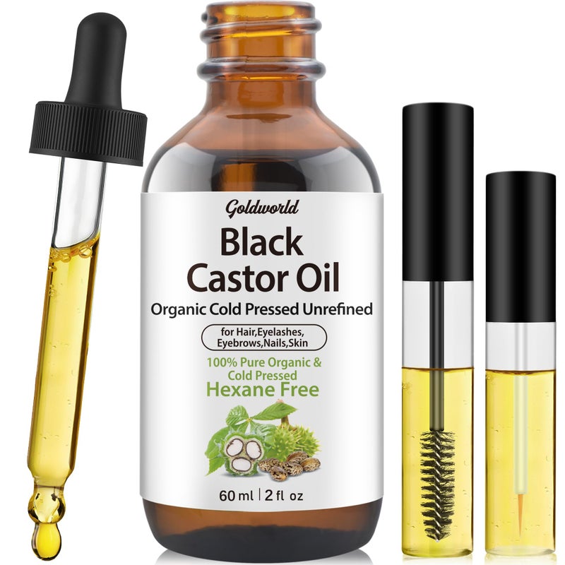 GoldWorld100% Organic Pure Black Castor Oil Cold Pressed,for Hair Eyebrows Eyelash Growth Serum to Grow Lashes,Castor Oil for Skin Body Face,Caster Oils Unrefined in Glass Bottle Hexane Free - Image 1