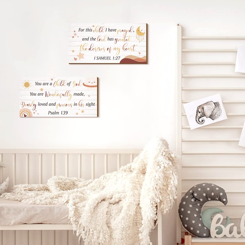 Yookeer 2 Pcs Wood Nursery Wall Decor For Girls Boys Baby Girl Room Decor For Nursery Christian Nursery Wall Art This Child I Have Prayed Bible Quote Wall Hanging Sign For Kids Home 12 X 6 Inch (Cute) - Image 5