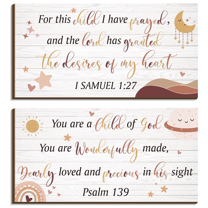 Yookeer 2 Pcs Wood Nursery Wall Decor For Girls Boys Baby Girl Room Decor For Nursery Christian Nursery Wall Art This Child I Have Prayed Bible Quote Wall Hanging Sign For Kids Home 12 X 6 Inch (Cute) - Image 1