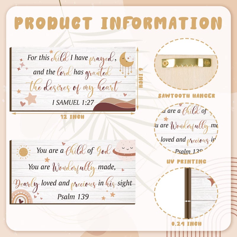 Yookeer 2 Pcs Wood Nursery Wall Decor For Girls Boys Baby Girl Room Decor For Nursery Christian Nursery Wall Art This Child I Have Prayed Bible Quote Wall Hanging Sign For Kids Home 12 X 6 Inch (Cute) - Image 3