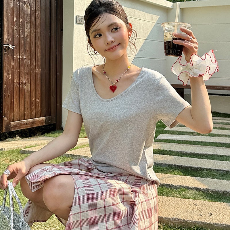 Ai Chunshi Tencel Linen Base Shirt For Women 2025 Spring/Summer Lyocell Goose Egg Collar T-Shirt Skin-Friendly Slim Fit Short - Image 1