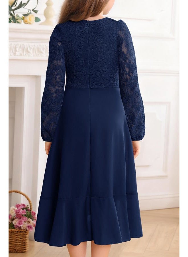 HOSIKA Flower Girls Dress Long Sleeve Floral Lace Chiffon A Line Formal Fall Wedding Party Dresses for 6-12 Years, Navy Blue, 10 Years - Image 4