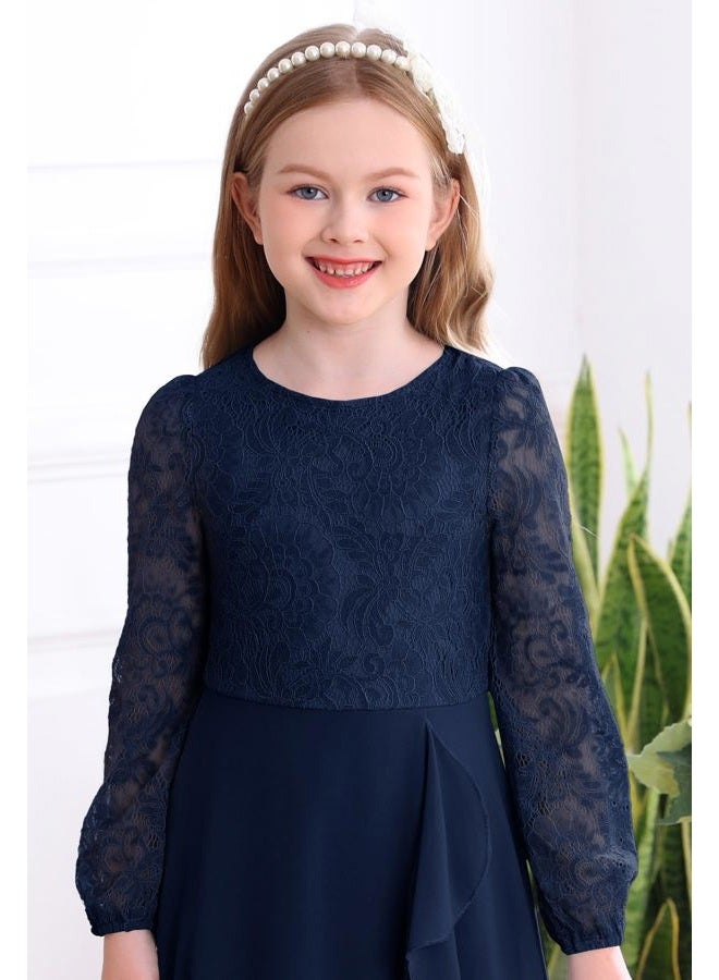 HOSIKA Flower Girls Dress Long Sleeve Floral Lace Chiffon A Line Formal Fall Wedding Party Dresses for 6-12 Years, Navy Blue, 10 Years - Image 5