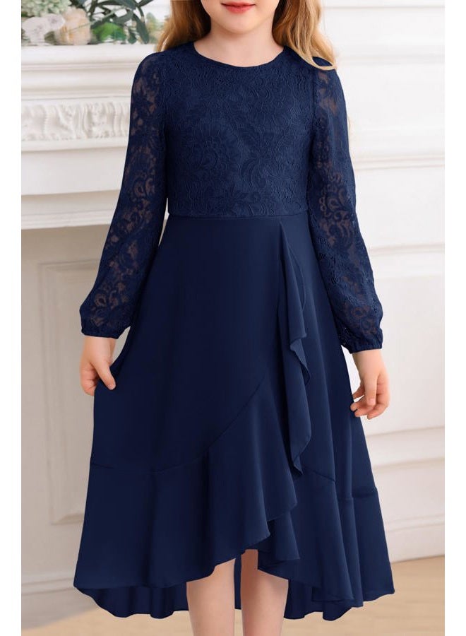 HOSIKA Flower Girls Dress Long Sleeve Floral Lace Chiffon A Line Formal Fall Wedding Party Dresses for 6-12 Years, Navy Blue, 10 Years - Image 2
