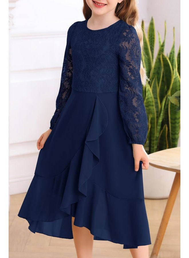 HOSIKA Flower Girls Dress Long Sleeve Floral Lace Chiffon A Line Formal Fall Wedding Party Dresses for 6-12 Years, Navy Blue, 10 Years - Image 3