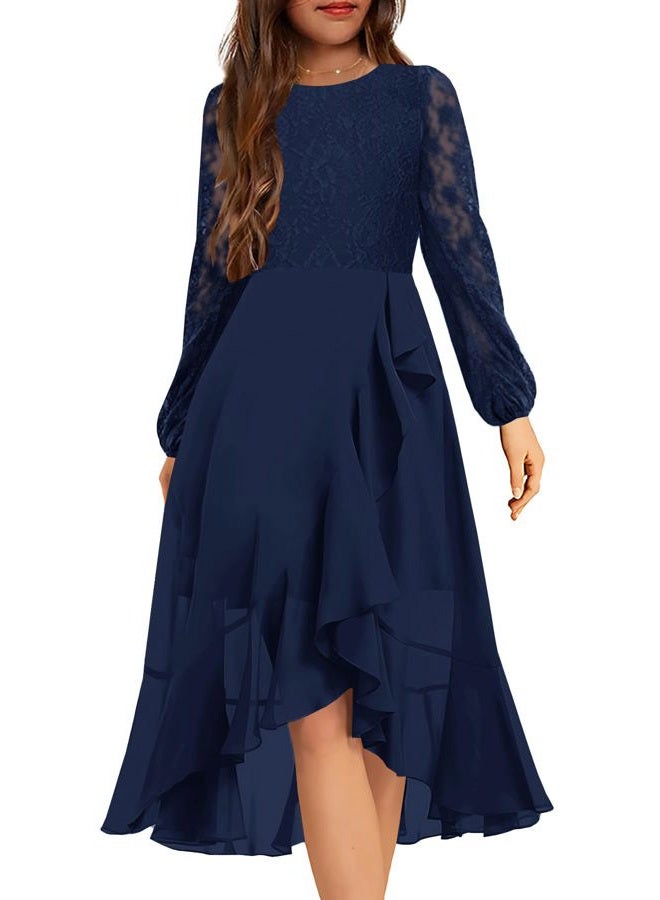 HOSIKA Flower Girls Dress Long Sleeve Floral Lace Chiffon A Line Formal Fall Wedding Party Dresses for 6-12 Years, Navy Blue, 10 Years - Image 1