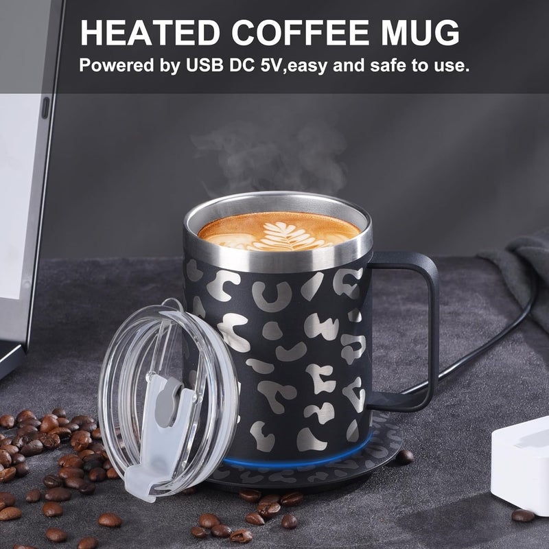 DEQIANG Coffee Warmer with Mug Set,Self Heating Coffee Mug,12oz Heated Coffee Mug,131℉ Coffee Beverage Cup Warmer for Desk Home Office,Coffee Gifts (White & Leopard Print) - Image 5