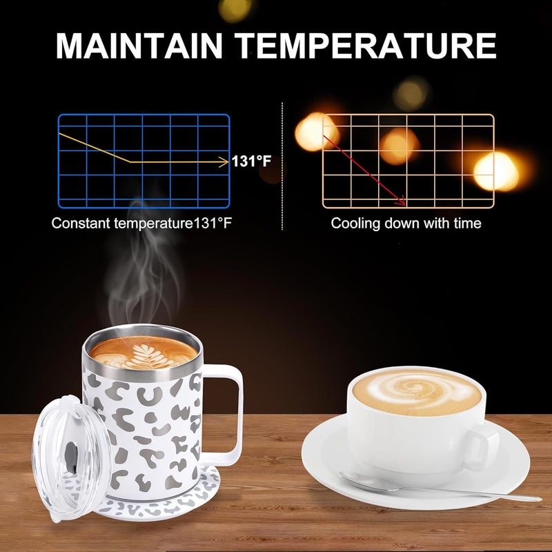 DEQIANG Coffee Warmer with Mug Set,Self Heating Coffee Mug,12oz Heated Coffee Mug,131℉ Coffee Beverage Cup Warmer for Desk Home Office,Coffee Gifts (White & Leopard Print) - Image 4