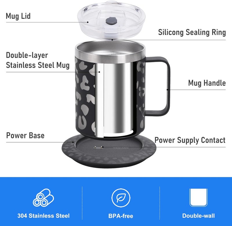 DEQIANG Coffee Warmer with Mug Set,Self Heating Coffee Mug,12oz Heated Coffee Mug,131℉ Coffee Beverage Cup Warmer for Desk Home Office,Coffee Gifts (White & Leopard Print) - Image 3