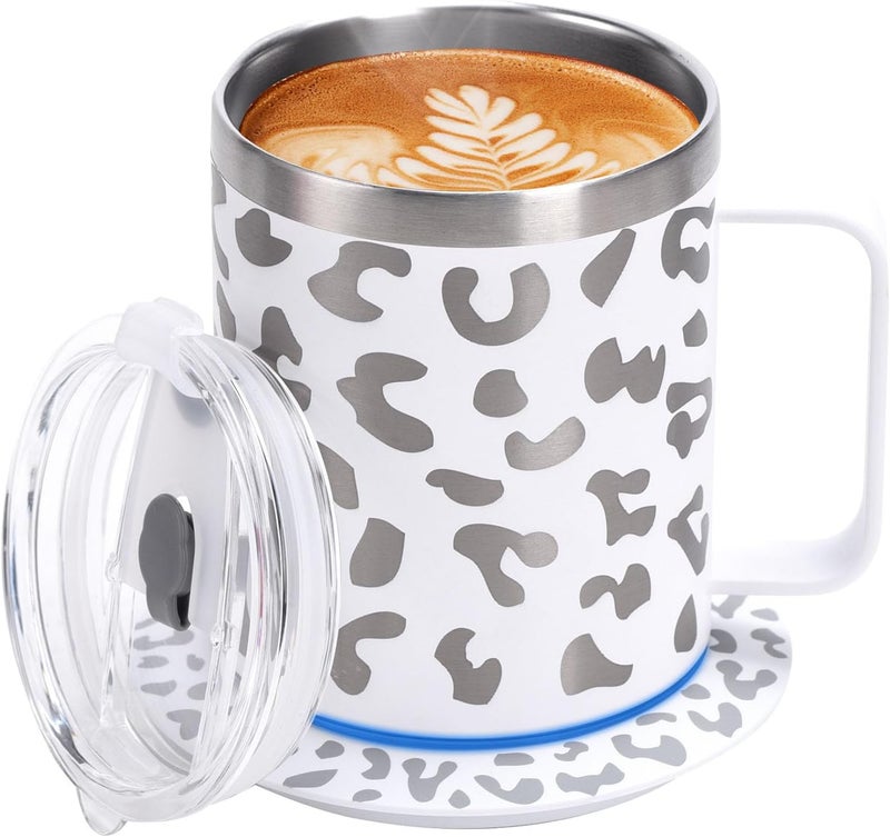 DEQIANG Coffee Warmer with Mug Set,Self Heating Coffee Mug,12oz Heated Coffee Mug,131℉ Coffee Beverage Cup Warmer for Desk Home Office,Coffee Gifts (White & Leopard Print) - Image 1