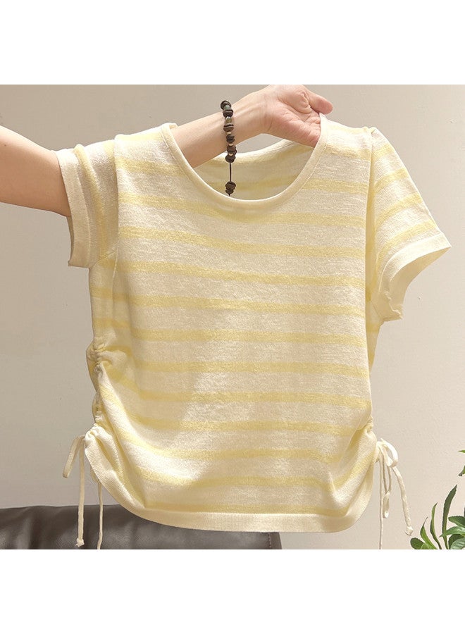 PLANDOO Relaxed Anti-Wrinkle Waist-Defining Slimming Short T-Shirt Women'S Knitted Striped High-End Elegant Slightly Sheer Top - Image 2