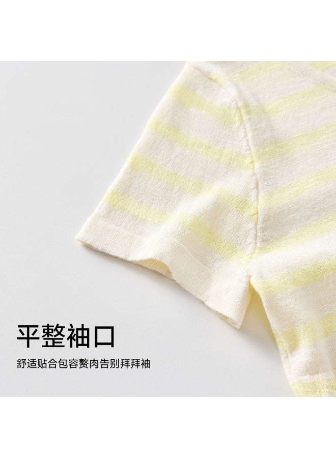 PLANDOO Relaxed Anti-Wrinkle Waist-Defining Slimming Short T-Shirt Women'S Knitted Striped High-End Elegant Slightly Sheer Top - Image 4
