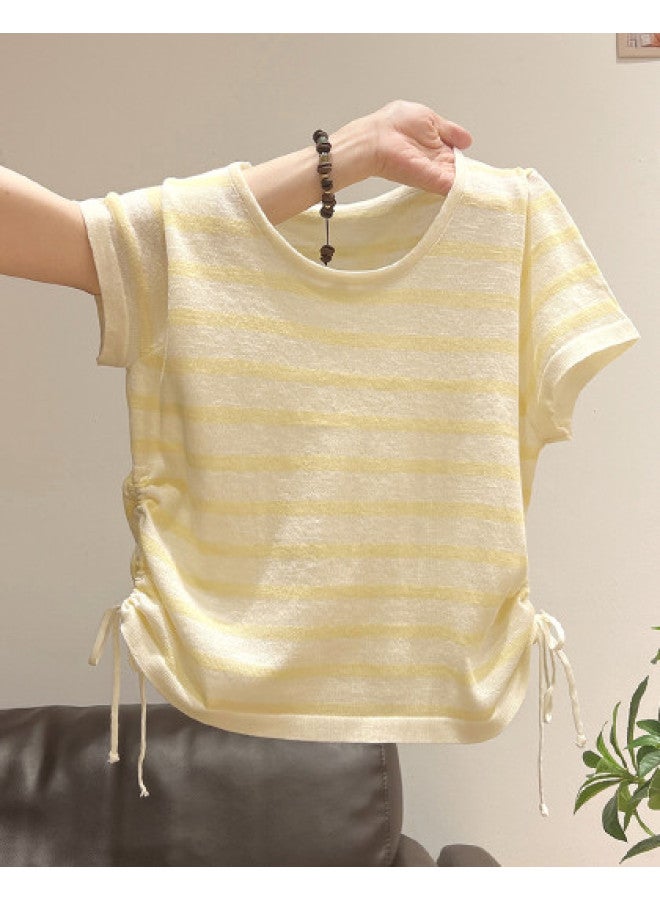 PLANDOO Relaxed Anti-Wrinkle Waist-Defining Slimming Short T-Shirt Women'S Knitted Striped High-End Elegant Slightly Sheer Top - Image 1