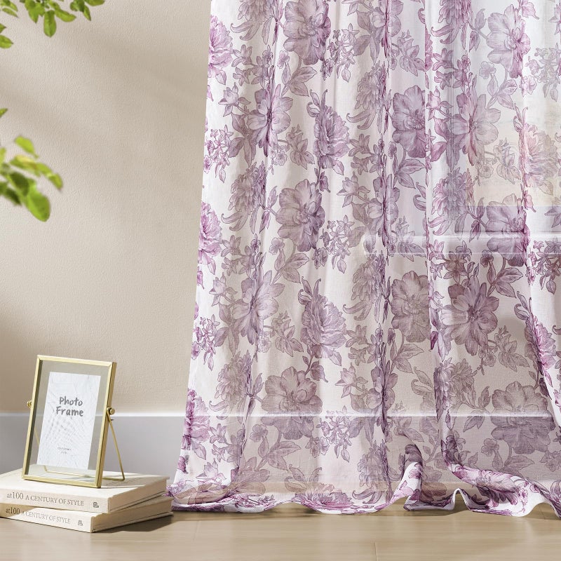 FOLKSIDE Purple Floral Sheer Curtains 84 Inches Long for Bedroom Light Filtering Violet Print Sheer Floral Curtains for Living Room French Country Romantic Princess Rod Pocket Window Drapes, 2 Panels, 52x84 - Image 5