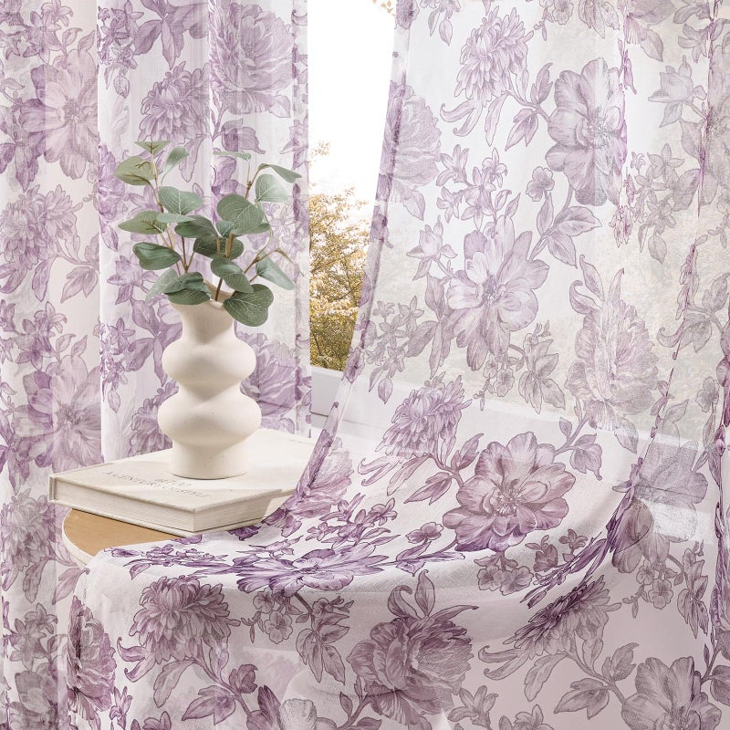 FOLKSIDE Purple Floral Sheer Curtains 84 Inches Long for Bedroom Light Filtering Violet Print Sheer Floral Curtains for Living Room French Country Romantic Princess Rod Pocket Window Drapes, 2 Panels, 52x84 - Image 4