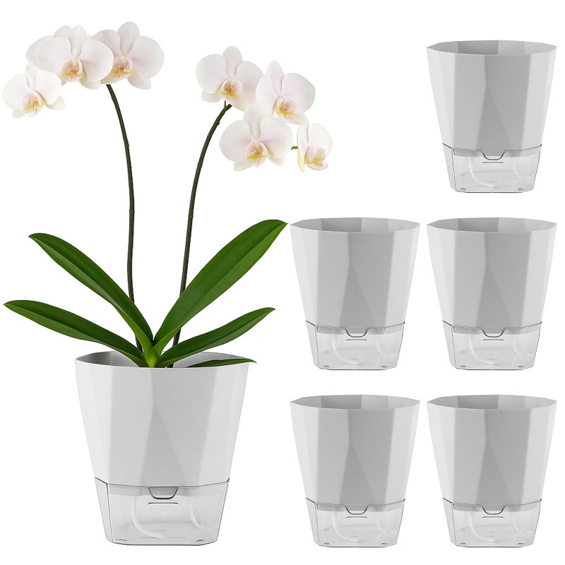 Planterhoma 5 Pack Self Watering Pots for Indoor Plants 6.7 Inches Self Watering Planters African Violet Self Watering Pots Clear Pot for Herb Orchid Flower Houseplant, Light Grey - Image 1