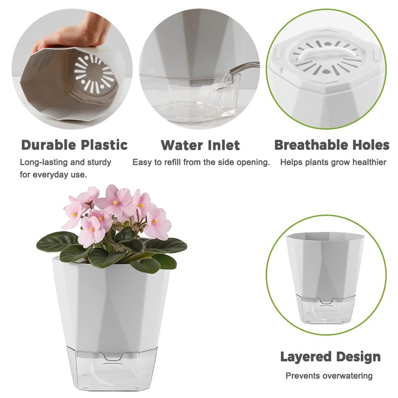 Planterhoma 5 Pack Self Watering Pots for Indoor Plants 6.7 Inches Self Watering Planters African Violet Self Watering Pots Clear Pot for Herb Orchid Flower Houseplant, Light Grey - Image 3
