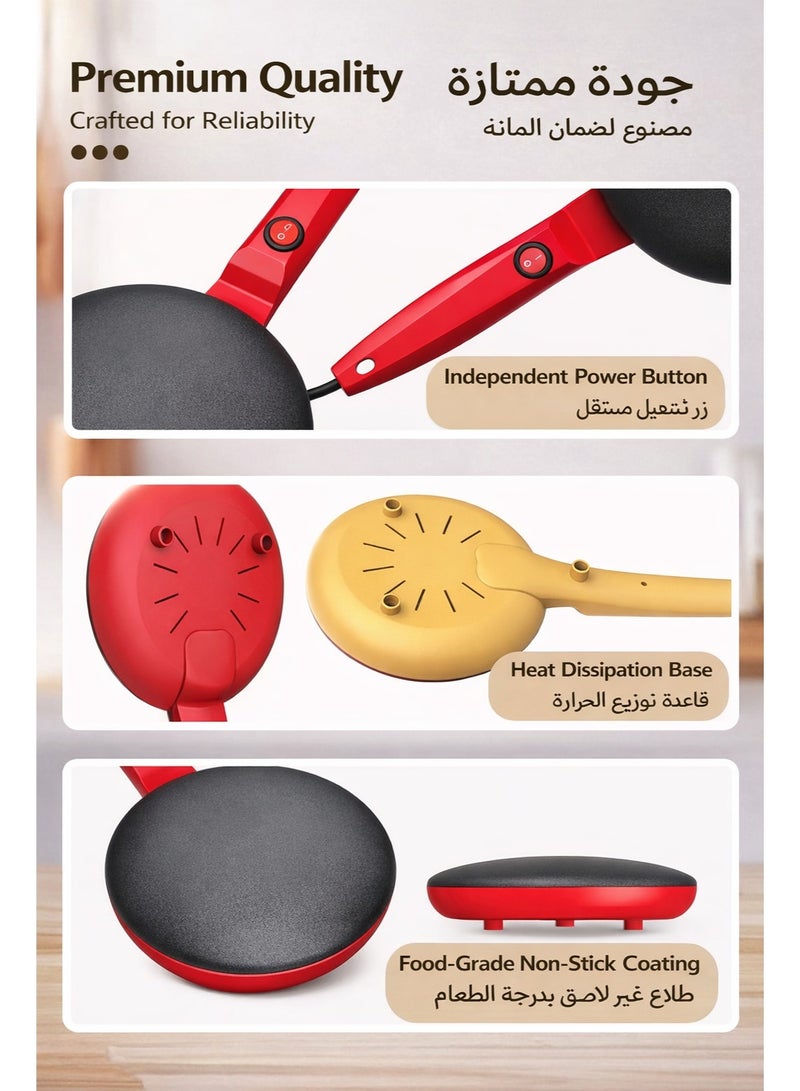 Sisily Red Electric Crepe Maker, 600W Non-Stick Pancake Maker, Fast Heating, Easy to Clean - Image 3
