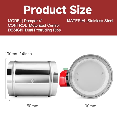 Aulmscn 4" Motorized Duct Damper,Adjustable HVAC Damper, Stainless Steel Backdraft Damper Airflow Control for HVAC Ventilation System,AC 24V (4inch) - Image 2