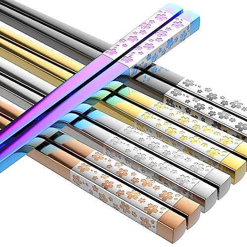 FOFAYU Metal Chopsticks Reusable 5 Pairs Multicolor Stainless Steel Chopsticks Dishwasher Safe Square Lightweight Non-Slip Chop Sticks Present Set - Image 1
