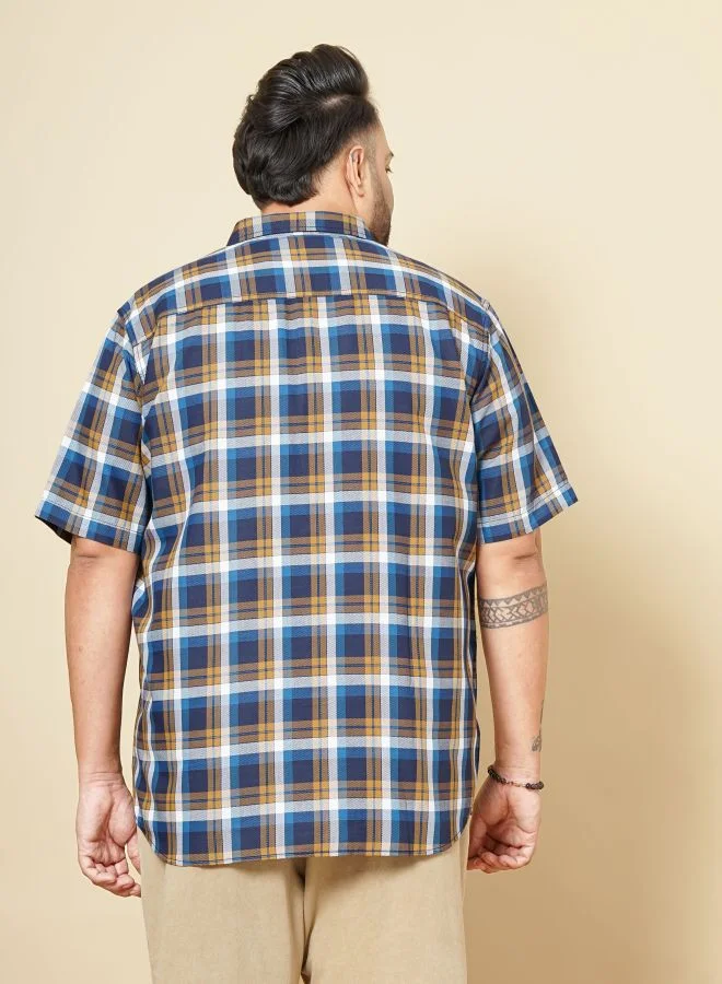 HARDSODA Men Plus Size Regular Fit Checkered Cutaway Collar Half Sleeves Casual Shirt