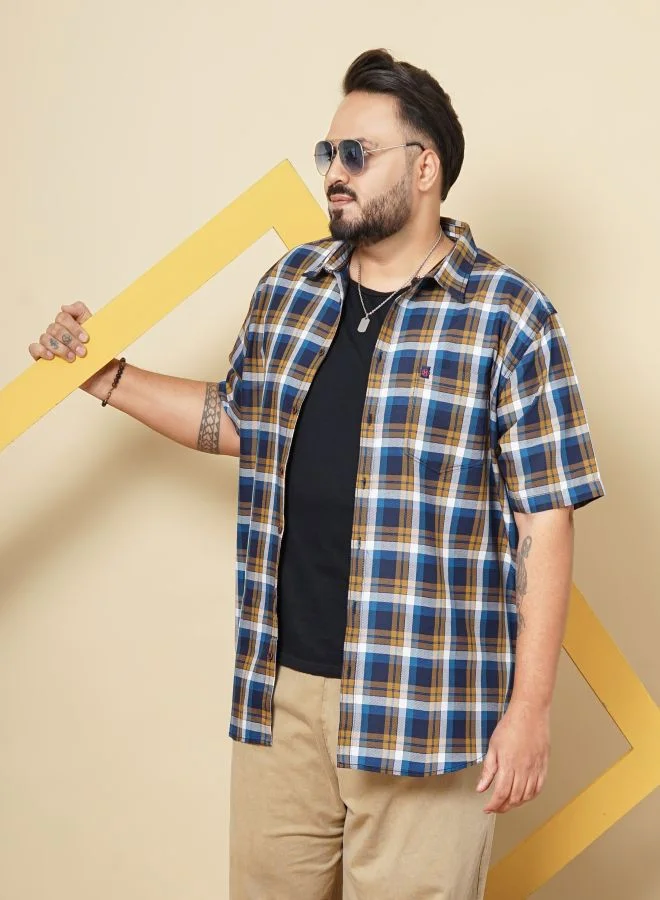 HARDSODA Men Plus Size Regular Fit Checkered Cutaway Collar Half Sleeves Casual Shirt