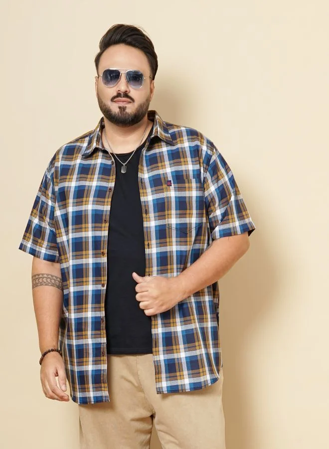 HARDSODA Men Plus Size Regular Fit Checkered Cutaway Collar Half Sleeves Casual Shirt