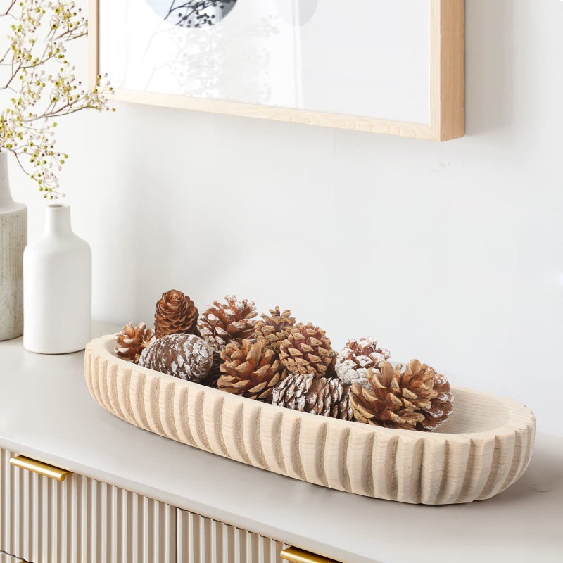 Wooden Decorative Dough Bowl for Home Decor Unique Centerpiece Bowl Wood Bowl with Hand Carved Vertical Stripes Home Decor Accents for Farmhouse Boho Rustic Style 163x 6 Light Wood Color