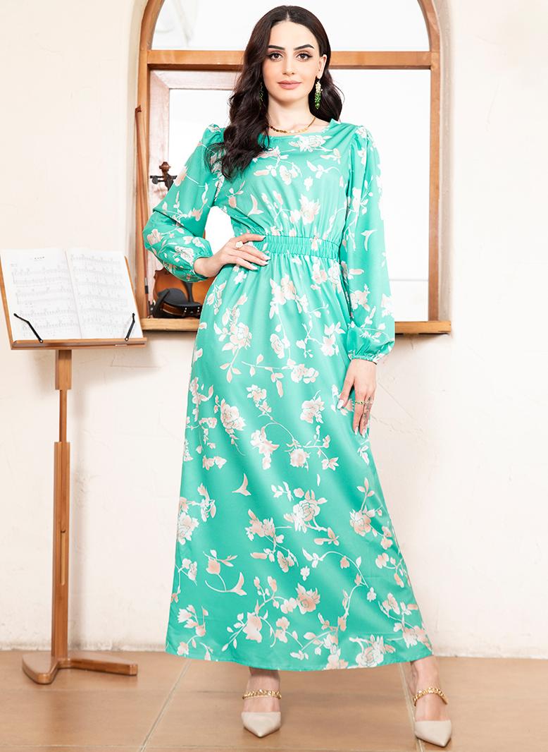 فرايديين انيق دائري زهري تباين اللون جيب الكم المنفوخ فساتين طويلة اخضر نعنعي - Image 5