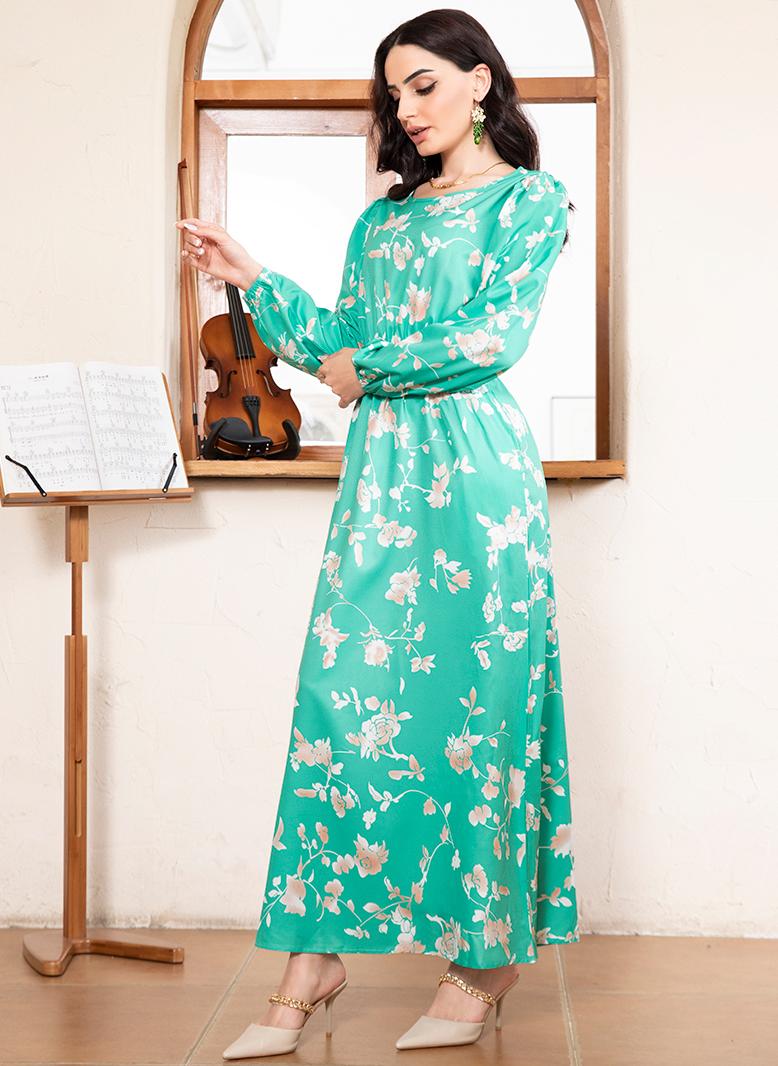 فرايديين انيق دائري زهري تباين اللون جيب الكم المنفوخ فساتين طويلة اخضر نعنعي - Image 4