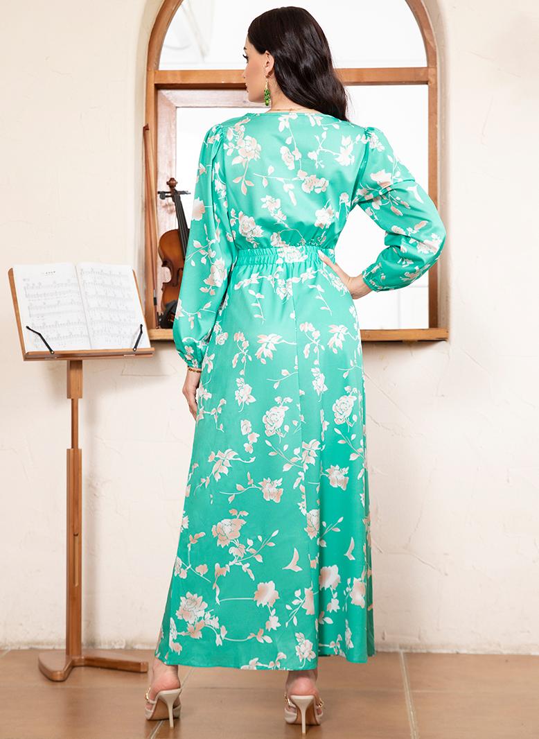 فرايديين انيق دائري زهري تباين اللون جيب الكم المنفوخ فساتين طويلة اخضر نعنعي - Image 2