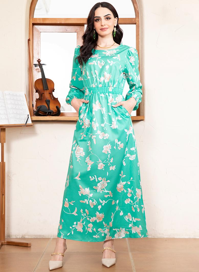 فرايديين انيق دائري زهري تباين اللون جيب الكم المنفوخ فساتين طويلة اخضر نعنعي - Image 1