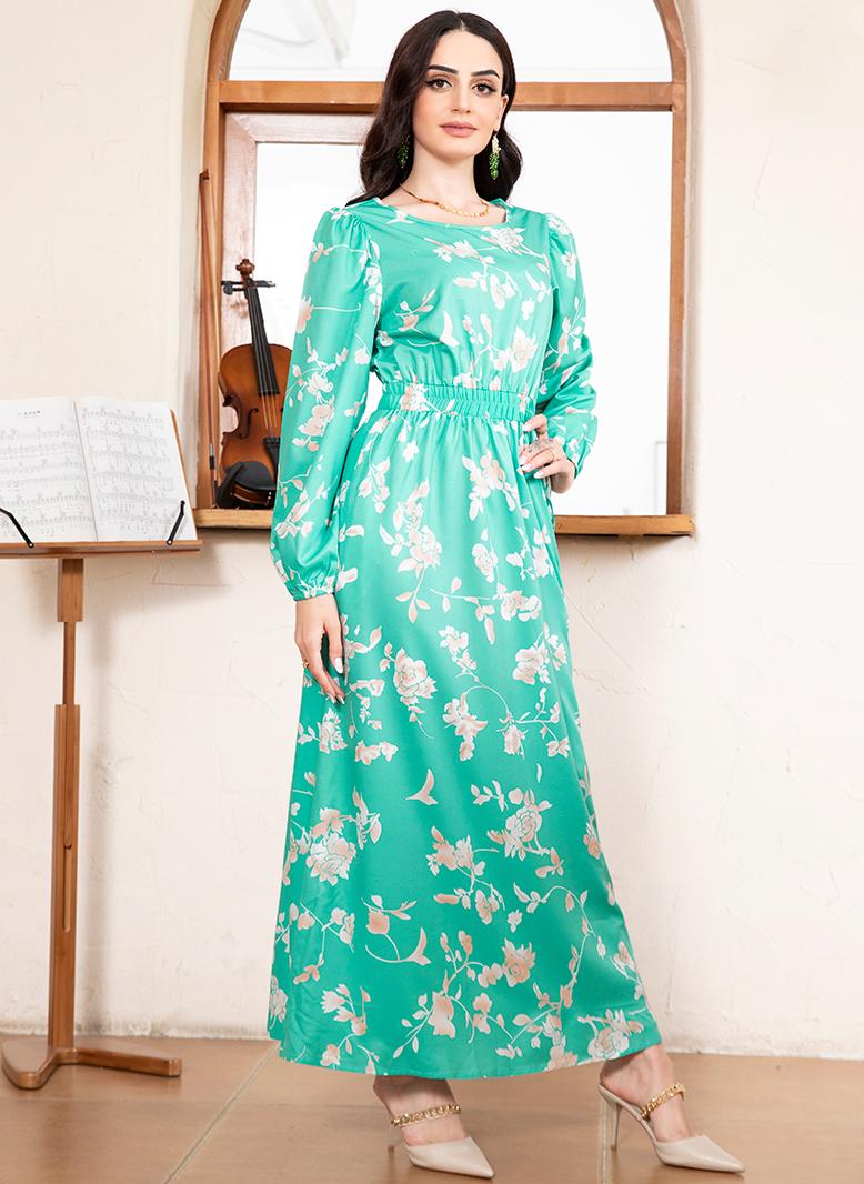 فرايديين انيق دائري زهري تباين اللون جيب الكم المنفوخ فساتين طويلة اخضر نعنعي - Image 3