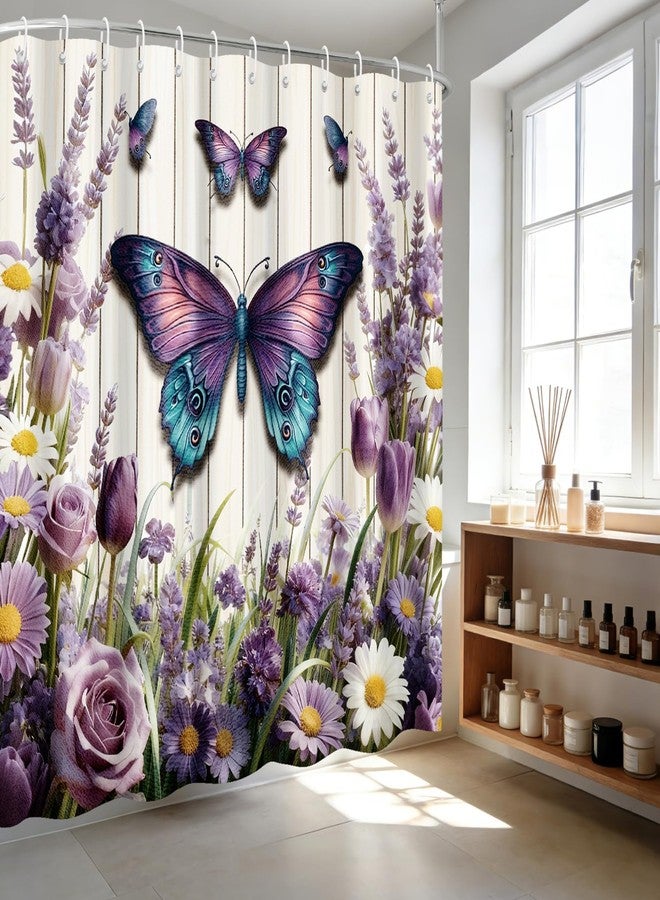 LUUFILx Purple Floral Butterfly Shower Curtain Spring Purple Floral Butterfly Bathroom Shower Curtain Spring Summer Waterproof Fabric Washable Bath Curtain Nature Bathtub Decor with 12 Hooks 72 X 72 Inches - Image 2