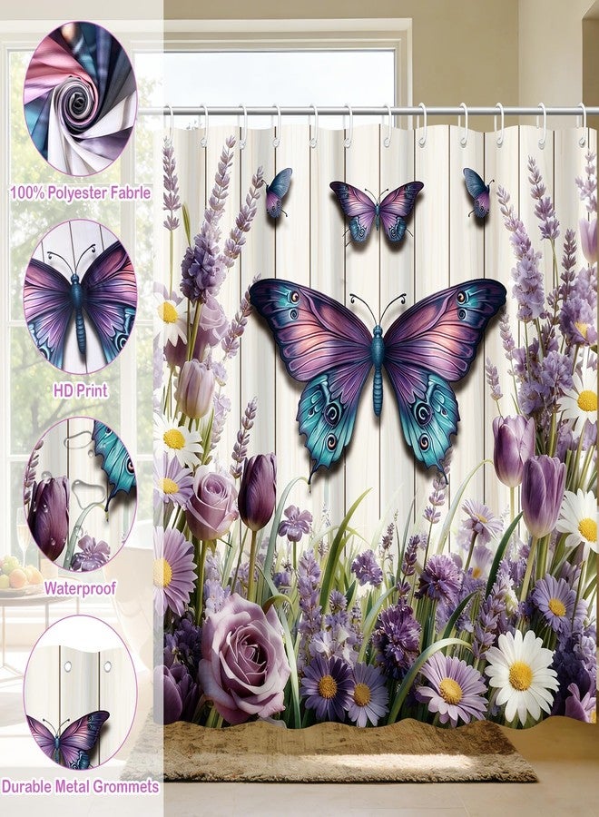 LUUFILx Purple Floral Butterfly Shower Curtain Spring Purple Floral Butterfly Bathroom Shower Curtain Spring Summer Waterproof Fabric Washable Bath Curtain Nature Bathtub Decor with 12 Hooks 72 X 72 Inches - Image 5