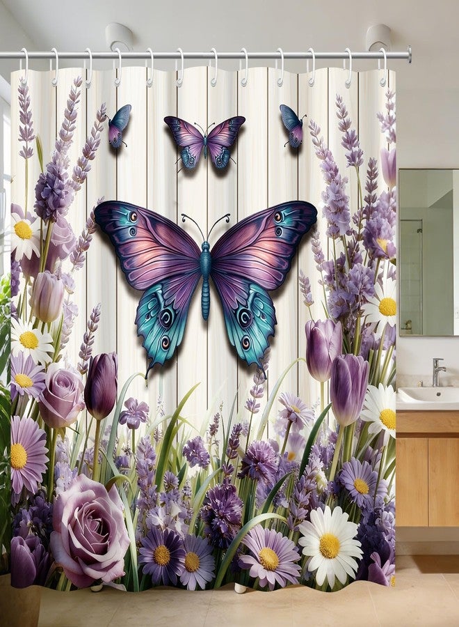 LUUFILx Purple Floral Butterfly Shower Curtain Spring Purple Floral Butterfly Bathroom Shower Curtain Spring Summer Waterproof Fabric Washable Bath Curtain Nature Bathtub Decor with 12 Hooks 72 X 72 Inches - Image 1