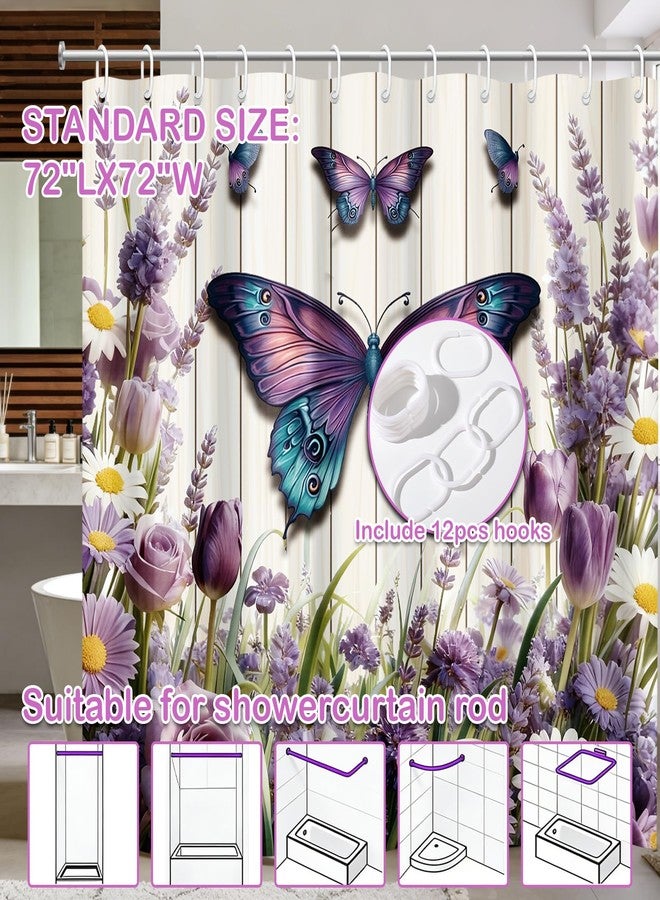 LUUFILx Purple Floral Butterfly Shower Curtain Spring Purple Floral Butterfly Bathroom Shower Curtain Spring Summer Waterproof Fabric Washable Bath Curtain Nature Bathtub Decor with 12 Hooks 72 X 72 Inches - Image 3