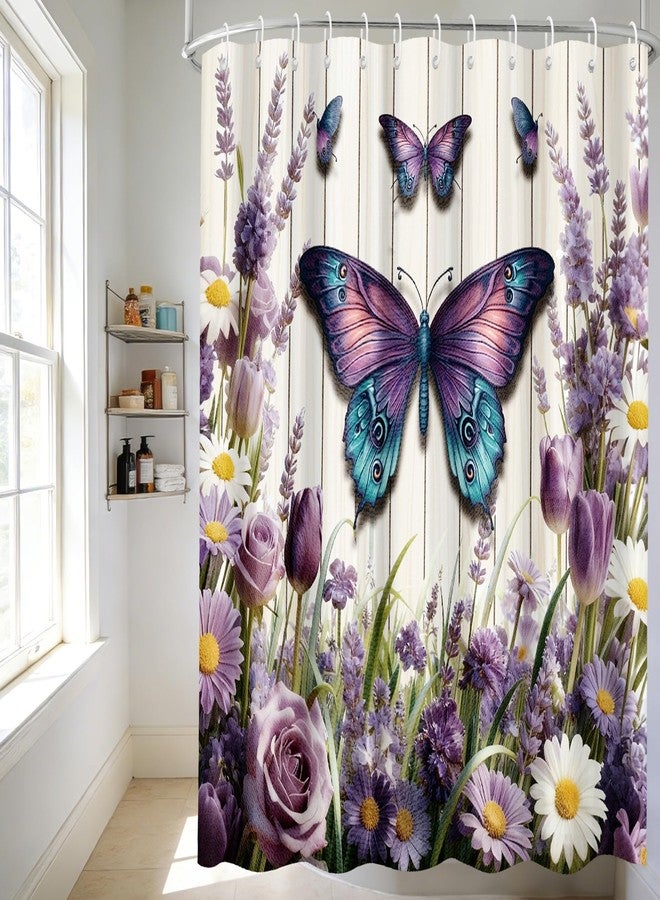 LUUFILx Purple Floral Butterfly Shower Curtain Spring Purple Floral Butterfly Bathroom Shower Curtain Spring Summer Waterproof Fabric Washable Bath Curtain Nature Bathtub Decor with 12 Hooks 72 X 72 Inches - Image 4