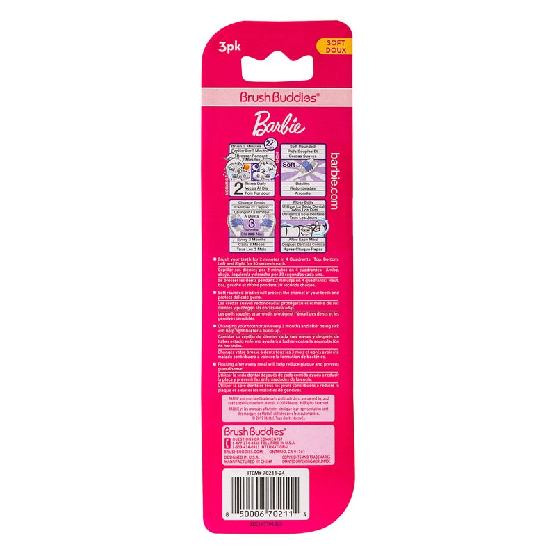 Brush Buddies 3 Pack Barbie Toothbrush for Kids, Children's Toothbrushes, Soft Bristle Toothbrushes for Kids - Image 4