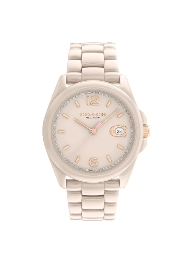 Coach Women's Quartz Watch, Beige Dial, Beige Ceramic Strap