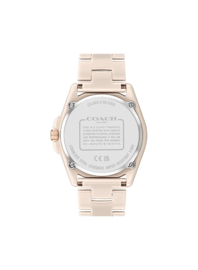 Coach Women's Quartz Watch, Beige Dial, Beige Ceramic Strap