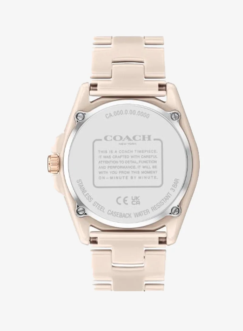 Coach Women's Quartz Watch, Beige Dial, Beige Ceramic Strap