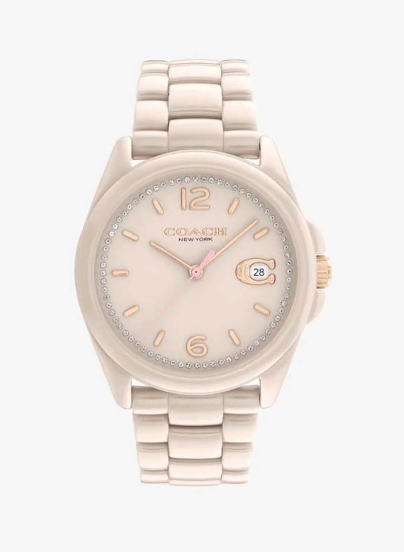 Coach Women's Quartz Watch, Beige Dial, Beige Ceramic Strap
