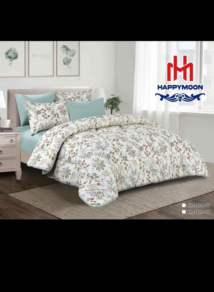 HAPPYMOON Premium King Size Comforter Set 6-Pcs – Ultra Soft 100% Microfiber Bedding with Comforter, Fitted Sheet, Pillowcases & Shams – Printed White/Turquoies Design, All-Season Cozy, Machine Washable - Image 1