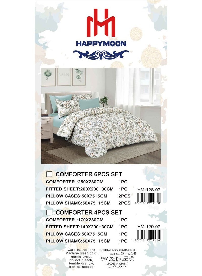 HAPPYMOON Premium King Size Comforter Set 6-Pcs – Ultra Soft 100% Microfiber Bedding with Comforter, Fitted Sheet, Pillowcases & Shams – Printed White/Turquoies Design, All-Season Cozy, Machine Washable - Image 2