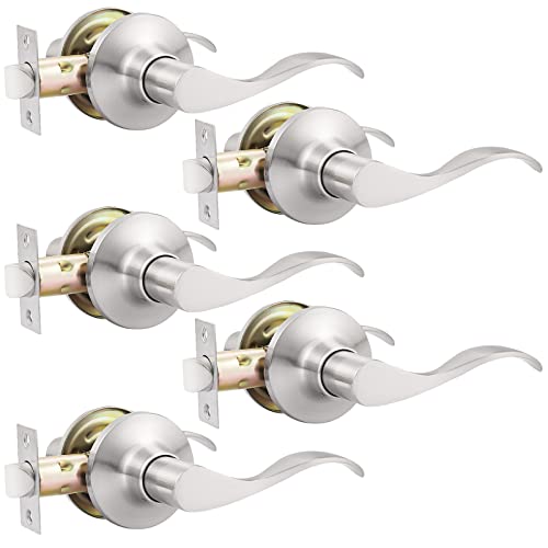 GOBEKOR 5 Pack Brushed Nickel Passage Door Levers Interior Door Handles for Hallway and Closet Door Lock Keyless Wave Lever Door Handles - Image 1