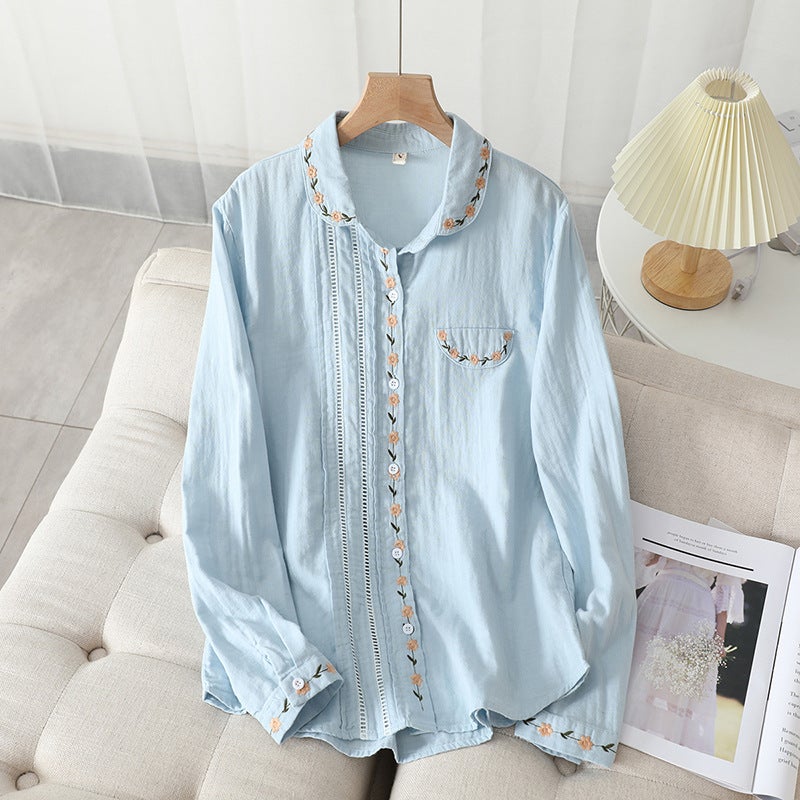 896 spot Spring and Autumn New Japanese literary small fresh embroidered white shirt double yarn womens base shirt tide Blue - Image 1