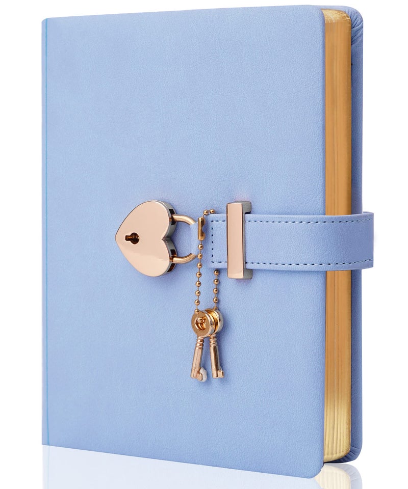 CAGIE Diary with Lock and Key for Girls Ages 8-12 Journal with Lock 296 Gold Edged Pages Heart-Shaped Locked Journal for Women Teen Girls with Gift Box, 5.3 x 7 Inch, Blue - Image 1