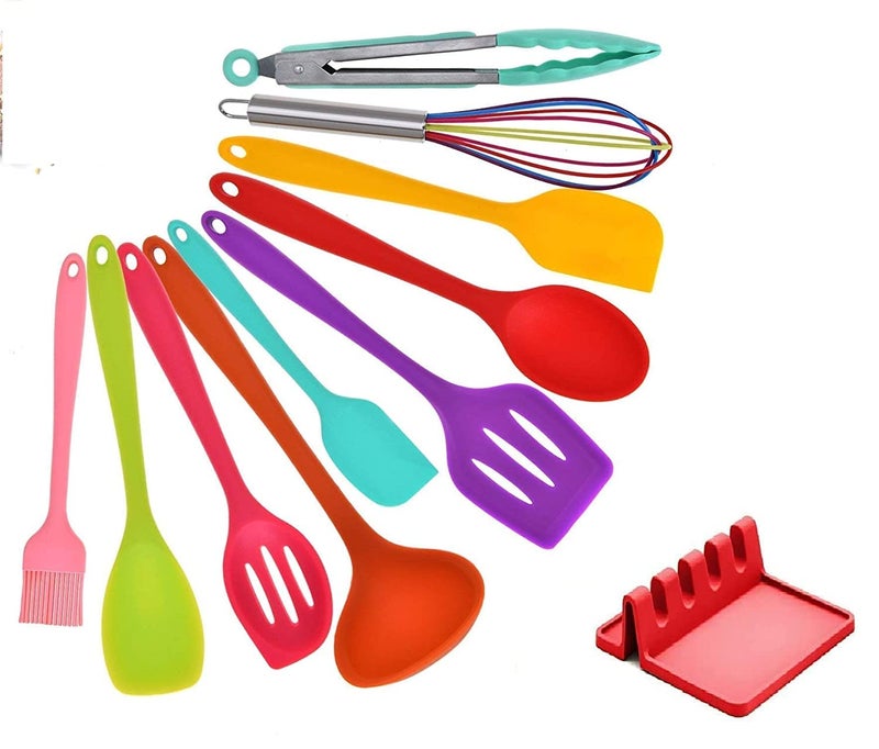 Ziaon Silicone Ultra Premium Silicone Kitchen Spatula Utensils Spoon Set and Silicon Spoon Rest, 10 Pieces Non-Toxic Hygienic Safety Heat Resistant_Black | BPA-Free | FDA Approved | - Multi Colour - Image 1