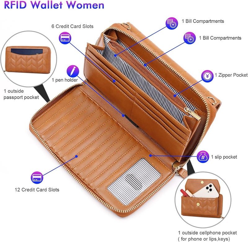 Nuoku Womens RFID Wallet Purse Wristlet Crossbody Clutch with Zip Around 2 Strap - Image 3